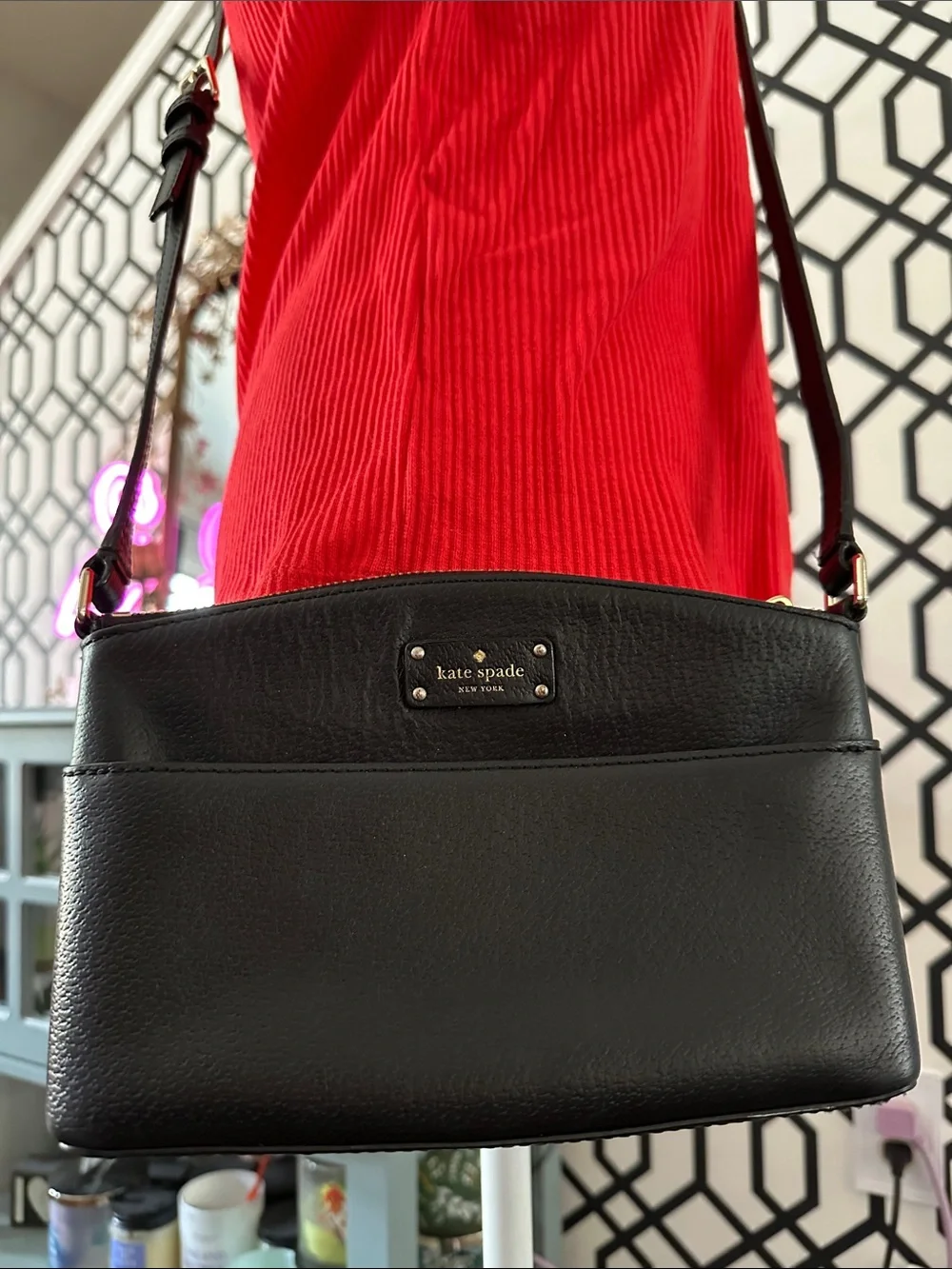kate spade Black Leather Crossbody with Gold Plaque